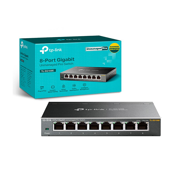 Switch de 8 Puertos Gigabit Ethernet – TP-Link TL-SG108E – Tipo Escritorio  – No Administrable – Telalca Store Ecuador