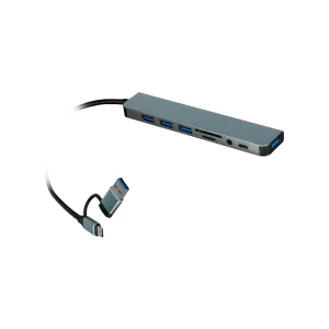 Hub 8 en 1 Dual USB 3.0 USB-C / 4USB SD / uSD Audio / USB-C - Silver